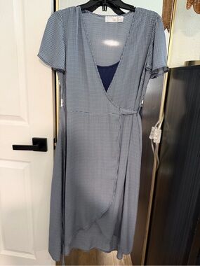 Time and Tru Blue Gingham Wrap Midi Dress with Navy Cami Detail